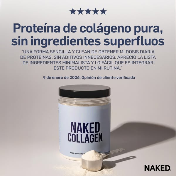 This ad showcases Naked Collagen protein powder with a customer testimonial emphasizing its simplicity and clean ingredi