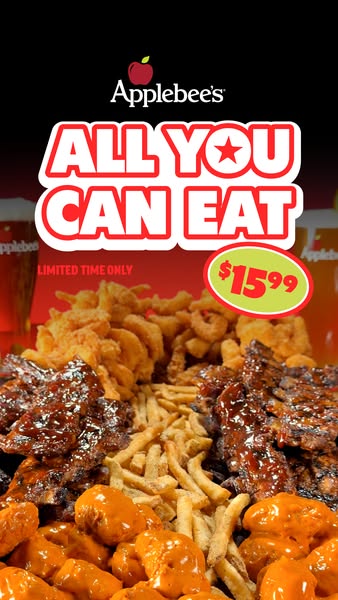 This ad for Applebee's promotes their all you can eat deal. The ad features a table filled with ribs, fries, fried s