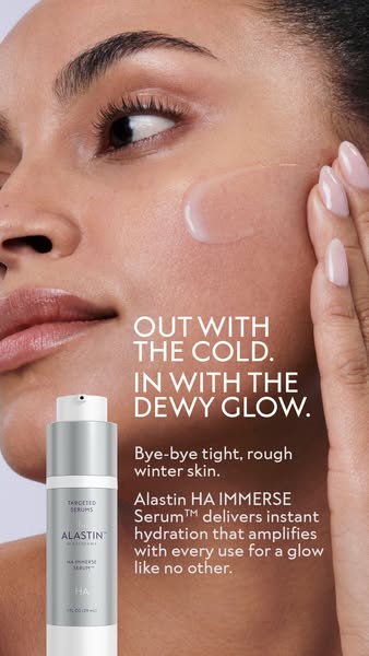 This ad promotes Alastin HA IMMERSE Serum as a solution for tight, rough winter skin. It highlights the serum's abil