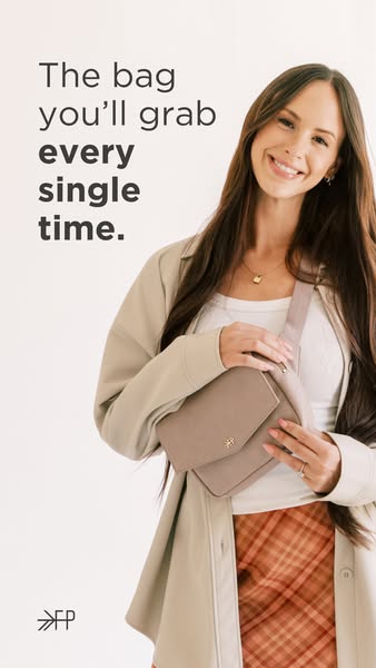 This image ad showcases a woman wearing a crossbody bag. The ad uses the text, "The bag you'll grab every singl