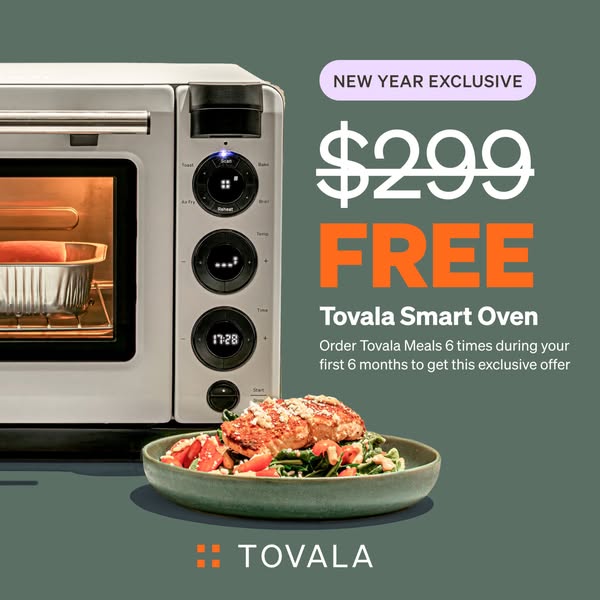 This image ad for Tovala smart oven promotes a New Year exclusive offer of a free oven when customers order Tovala Meals