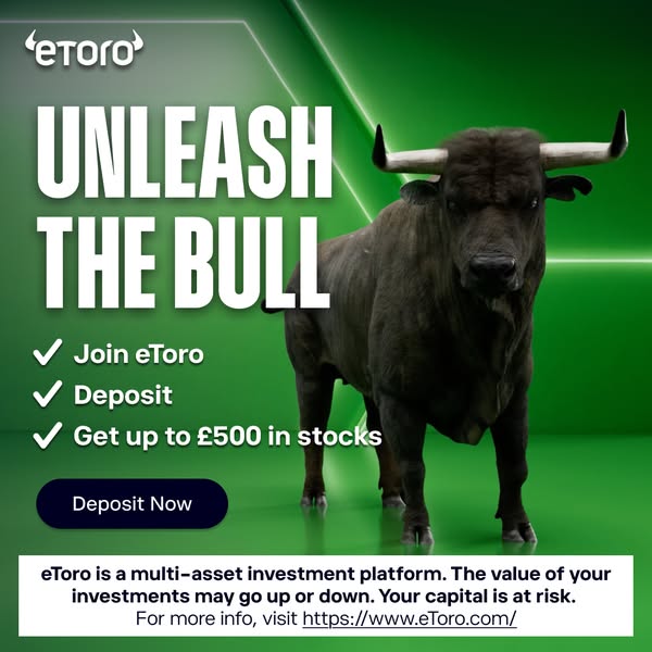 This image ad for eToro promotes the platform as a way to invest in stocks, with a deposit offer of up to £500 in stocks