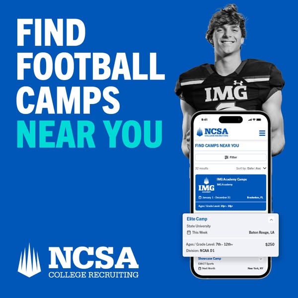 This is an ad for NCSA College Recruiting. The ad features a football player and a phone displaying the NCSA app, which 