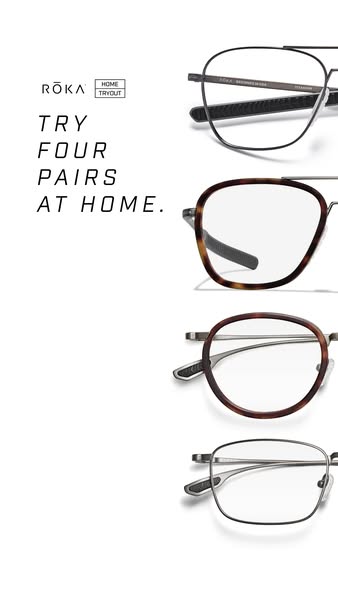 An image ad for Roka eyewear presents four pairs of eyeglasses stacked vertically on a white background. The ad highligh