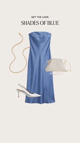 This image ad showcases a strapless blue dress, paired with a white purse, silver heels, and a gold chain. The ad encour