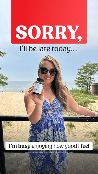 An image ad featuring a fair-skinned woman on a beach holding a product bottle while stating she will be late because sh