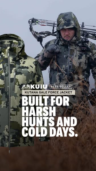 This ad for KUIU features a man wearing the KUIU Kutana Gale Force Jacket in a hunting environment. The ad highlights th