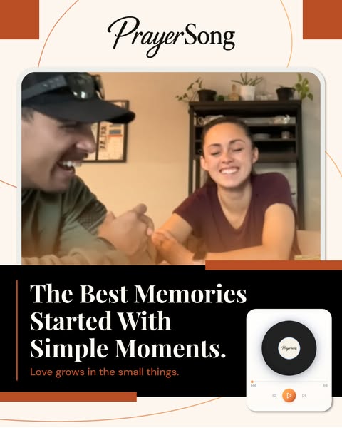 This ad for PrayerSong features a lighthearted moment between a man and a woman. It uses a music player UI to indicate t