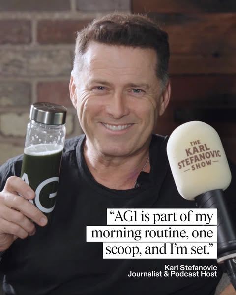 This ad promotes AG1 using a testimonial from Karl Stefanovic, a journalist and podcast host. The image features Stefano