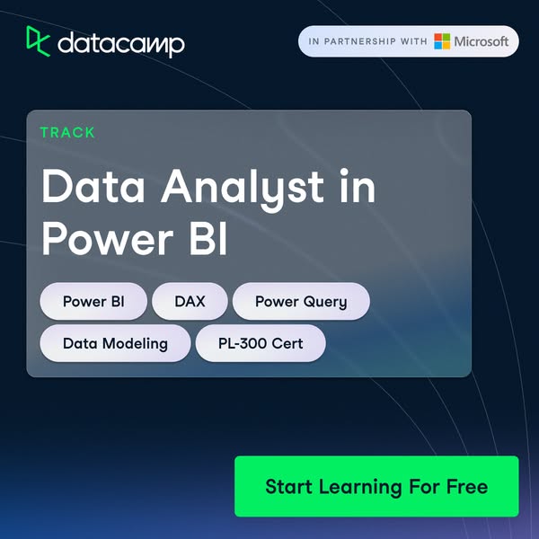 This ad promotes Datacamp's Data Analyst track in Power BI, highlighting key skills covered in the program and encou
