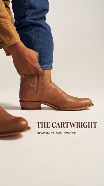 This ad features a close-up shot of a man putting on a tan cowboy boot. The focus is on the boot's material and desi