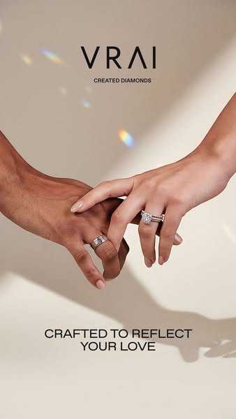 This ad features two hands, one male and one female, intertwined while wearing rings by Vrai. The rings are the focus of