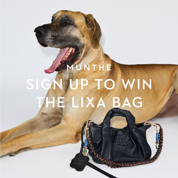 This ad features a yawning dog and a Munthe bag and encourages users to sign up to win the bag.