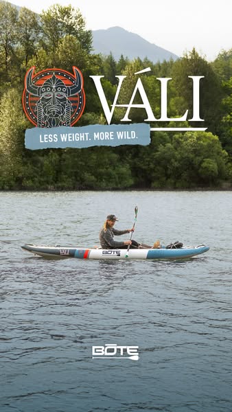 This ad showcases the VÁLI paddle board by BOTE, emphasizing its lightweight design and suitability for wild adventures.