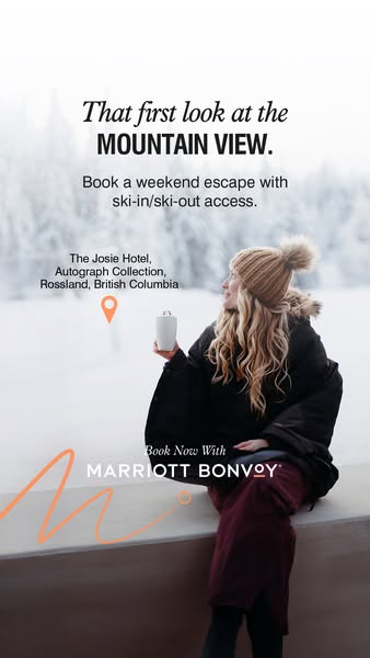 This ad features a winter mountain scene with a woman sitting and enjoying the view. It encourages viewers to book a wee