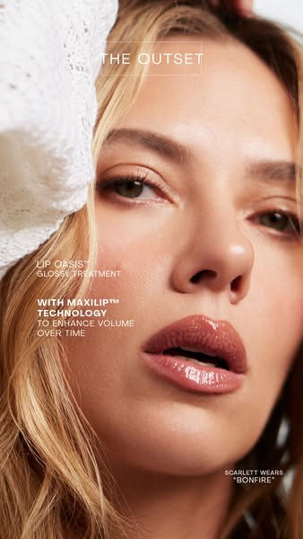 The ad showcases The Outset's Lip Oasis Glossy Treatment, highlighting its ability to enhance lip volume over time u