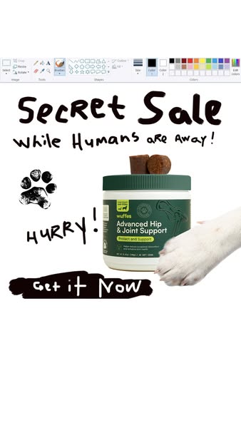 This ad is for Wuffles Advanced Hip & Joint Support. The ad uses a playful tone, suggesting a 'secret sale' 