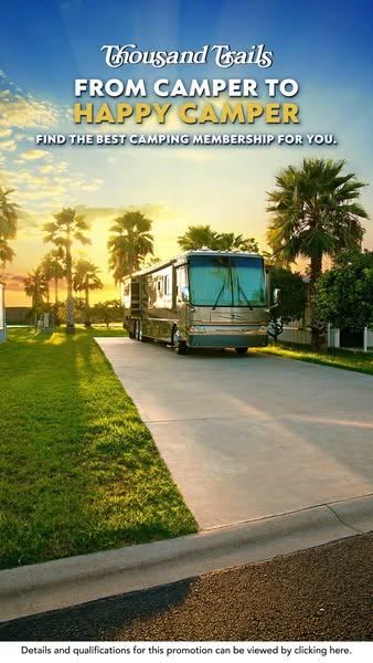 This image ad promotes Thousand Trails camping memberships and the opportunity to transition from a camper to a 'hap