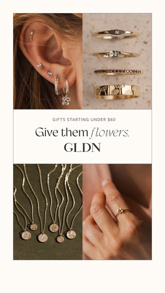 This image ad showcases a variety of jewelry items from GLDN, including necklaces, rings, and earrings, emphasizing thei