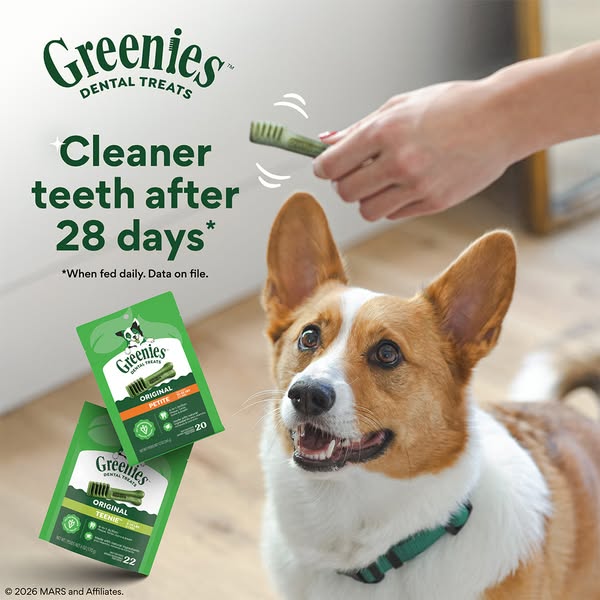 This ad promotes Greenies dental treats, emphasizing their effectiveness in cleaning dogs' teeth within 28 days thro