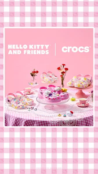 This ad features a collaboration between Crocs and Hello Kitty. The ad showcases various styles of Hello Kitty Crocs in