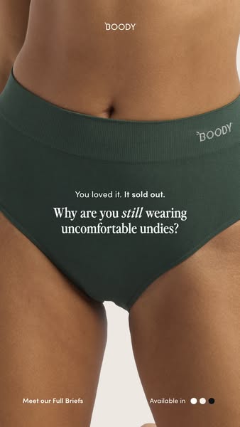 This Meta image ad for Boody features a close up of a person wearing the brand's full briefs. The ad speaks to consu