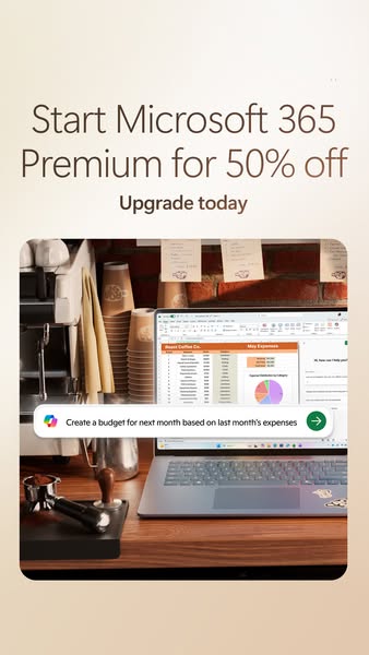 An offer for 50% off on Microsoft 365 Premium. The ad is visually set in a cafe to signal that the product can be used b