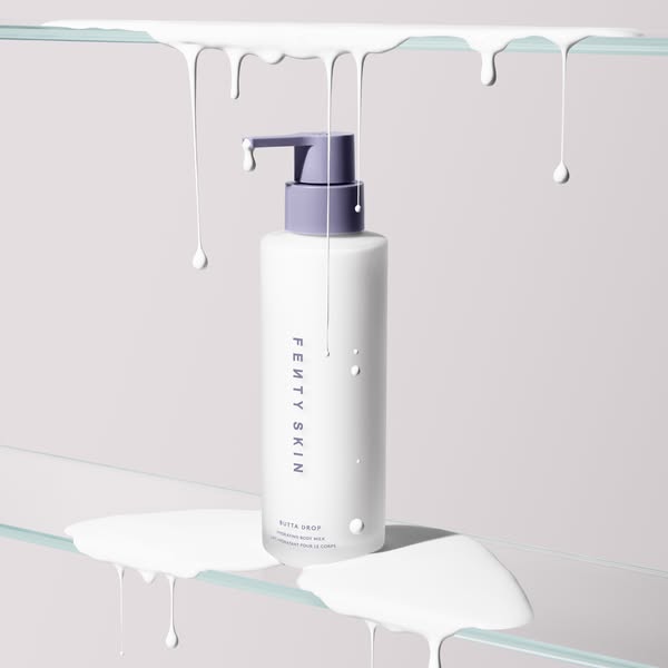 This ad showcases the Fenty Skin Butta Drop product. It employs a minimal and clean aesthetic to highlight the product&#