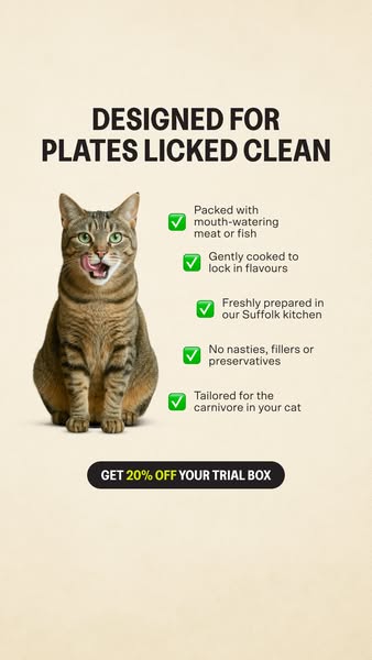 This image ad for cat food features a cat licking its lips next to a list of features and a call to action to get 20% of