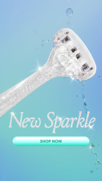 This ad showcases a new razor, highlighting its sparkle with visual effects and a prominent call to action.