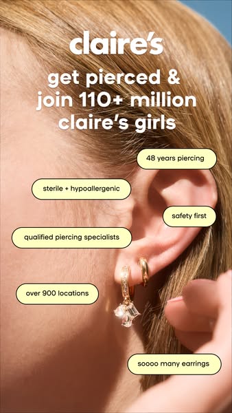 The ad highlights Claire's services and features related to ear piercing, emphasizing its long history, safety, and 