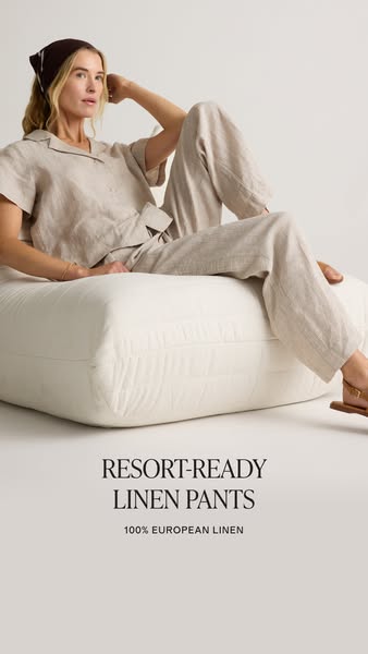 An ad showcasing linen pants made of 100% European linen.