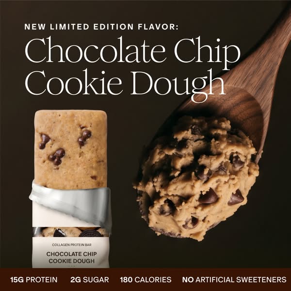 The ad features a protein bar that has a chocolate chip cookie dough flavor. The ad highlights that the product has 15g 