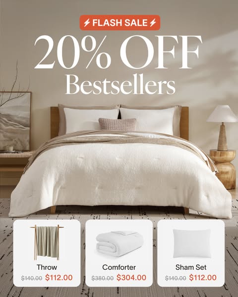 The image ad promotes a flash sale of 20% off of best-selling items. The items being promoted are a throw, comforter, an