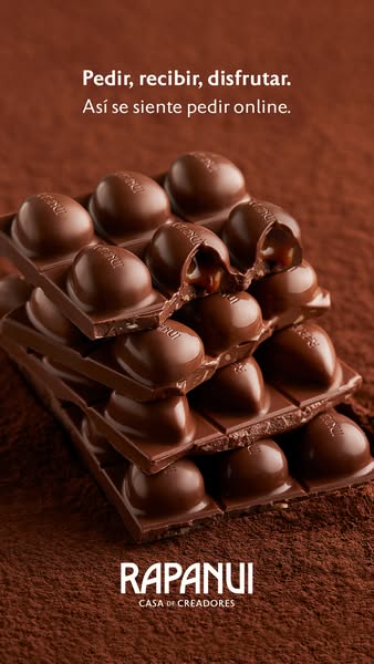 This ad showcases Rapanui's chocolate product, emphasizing the ease of ordering online and enjoying it.
