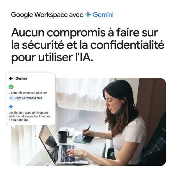 An advertisement for Google Workspace featuring Gemini highlights the security and confidentiality for using the AI.