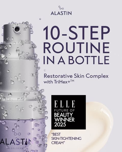 This ad promotes Alastin skincare products and highlights that it is a ten-step skincare routine contained in one bottle
