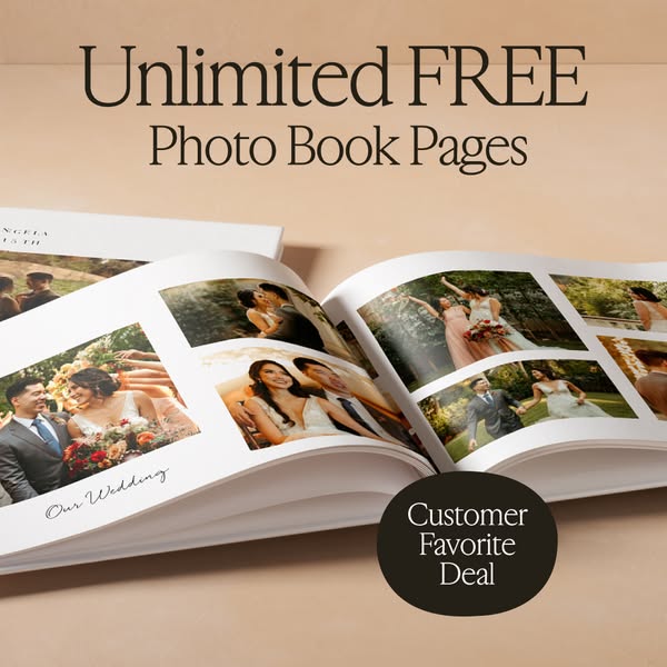 This image ad showcases a photo book, highlighting the offer of unlimited free pages to entice customers to create and p