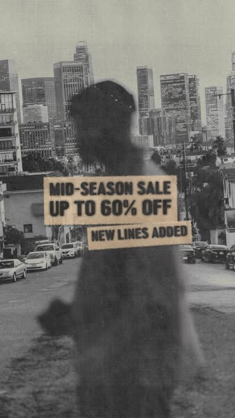 This static image ad features a mid-season sale with up to 60% off and new lines added. The ad uses a black and white fi