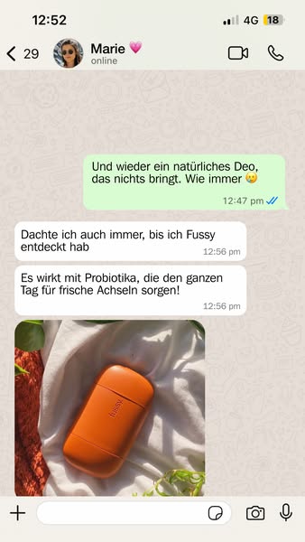 This ad is for Fussy deodorant. It is formatted to look like a text message conversation between two people. The first p