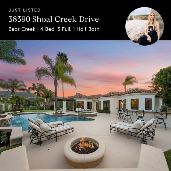 This image ad showcases a luxurious property with a pool and fire pit. It highlights the listing details, including the 