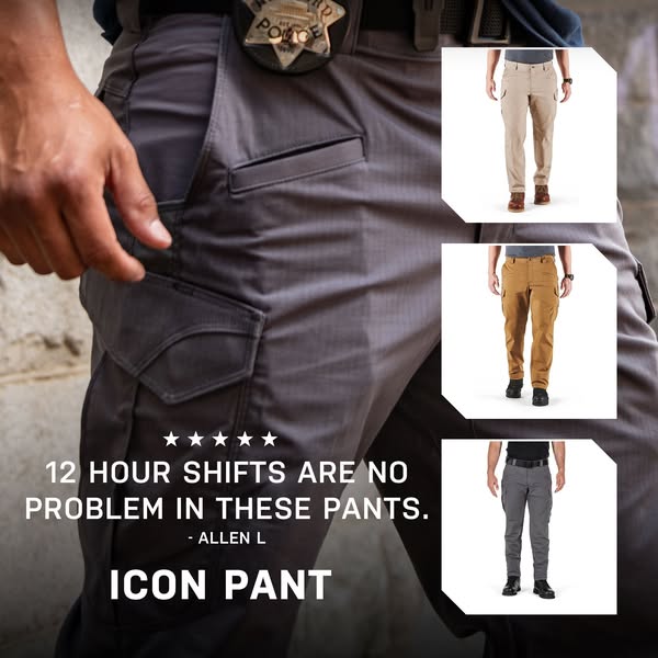 This image ad features 5.11 Tactical's Icon Pant, promoting the product's comfort and durability for professiona