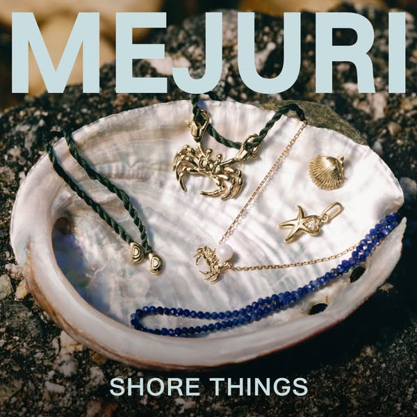 This is an image ad that features multiple pieces of jewelry from Mejuri in a seashell. The jewelry is gold and blue and