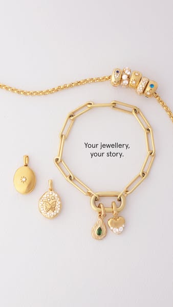This image ad showcases a collection of gold jewelry, including a chain bracelet with charms, a link bracelet with charm