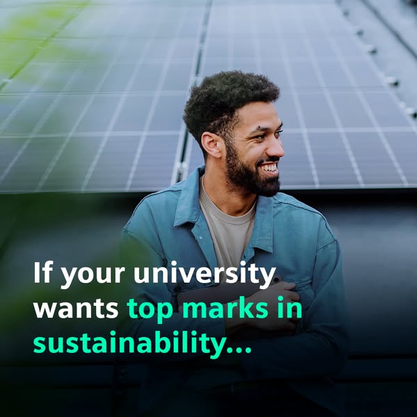 This image ad is for universities that want to improve their sustainability. It features a man smiling in front of solar
