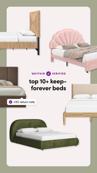 This ad showcases a variety of beds available from Wayfair, highlighting their stylish designs and low return rate.