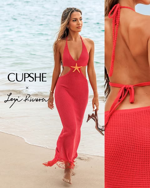This image ad showcases a red crochet dress from Cupshe's collaboration with Leyi Rivera, set against a beach backdr