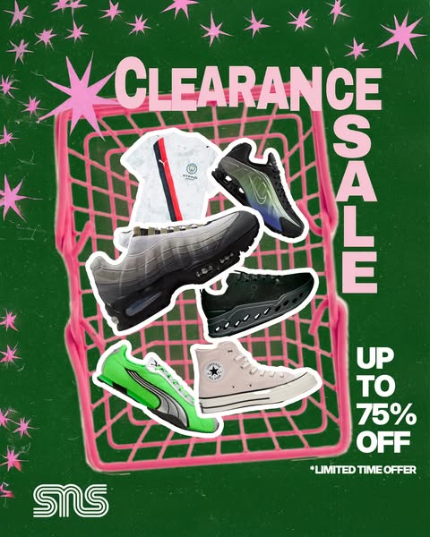 This image ad showcases a variety of shoes and a soccer jersey within a pink shopping basket. The ad emphasizes the item