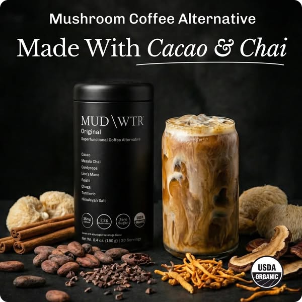 This ad features MUD\WTR's Original superfunctional coffee alternative. The ad highlights the product's cacao an