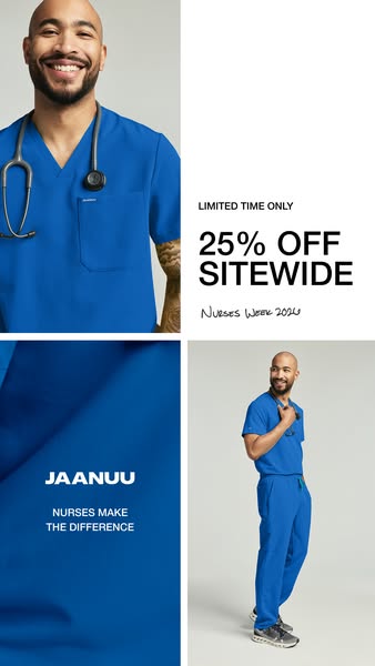 This ad promotes Jaanuu scrubs with a 25% off sitewide discount in celebration of Nurses Week 2020. It uses a split-pane